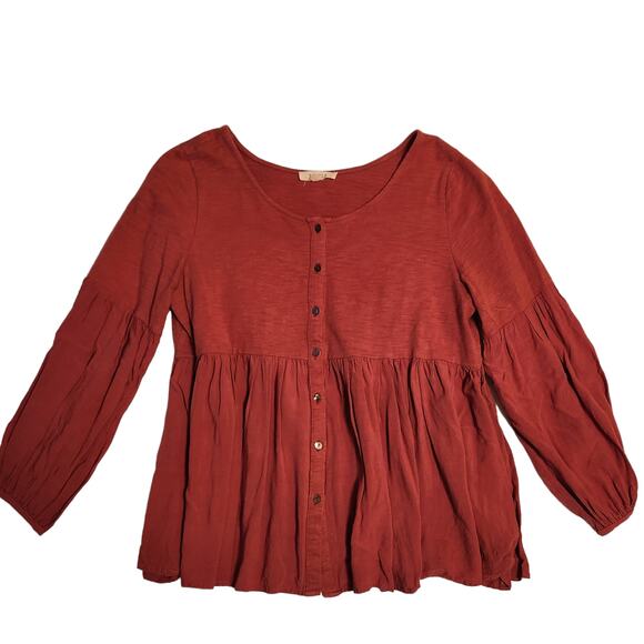 Illa Illa Cotton Long Puffed Sleeve Button Front Blouse, Terracotta, size M - Picture 1 of 9